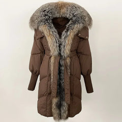 Brown winter coat with fur hood and trim on a white background