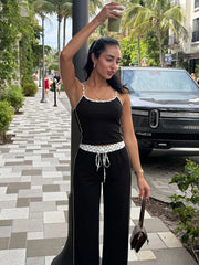 Black Polka Dot Trim Cami Top and Wide-Leg Pants Set