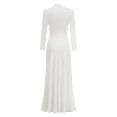 White Metal Decorated Drape Long Sleeve High Split Maxi Dress