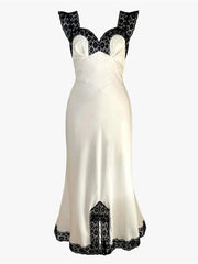 Patchwork Satin Lace Maxi Dress – Elegant V-Neck Evening Gown