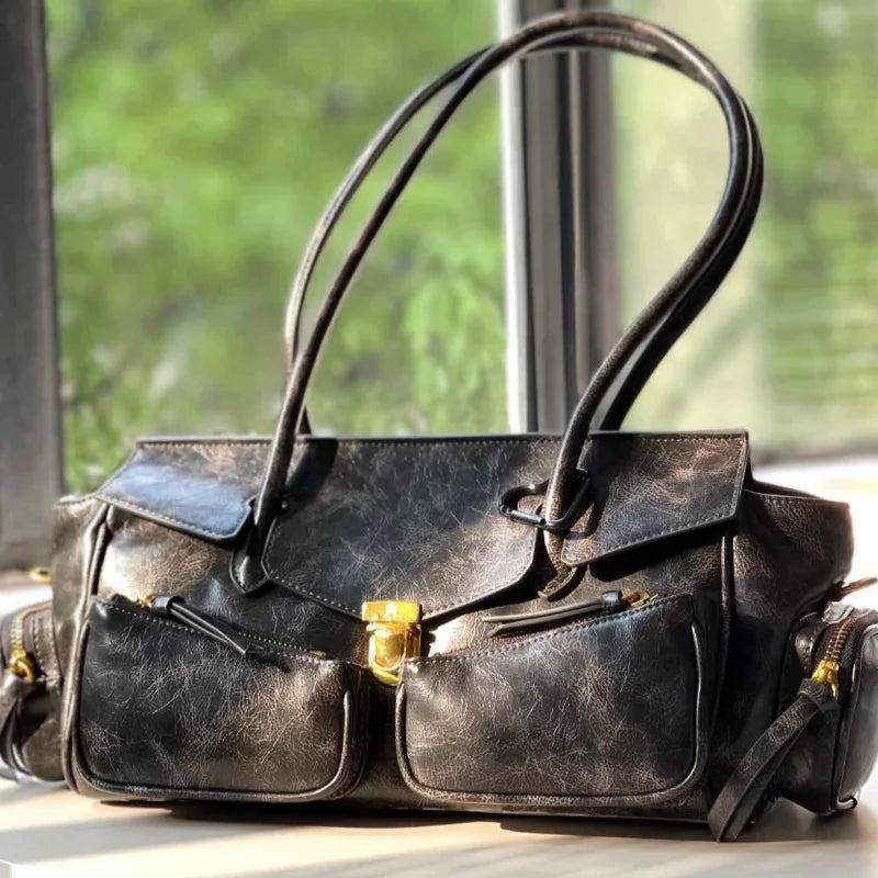 Y2K style black leather shoulder bag