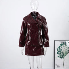 Faux Leather Lapel Jacket and Mini Skirt Set