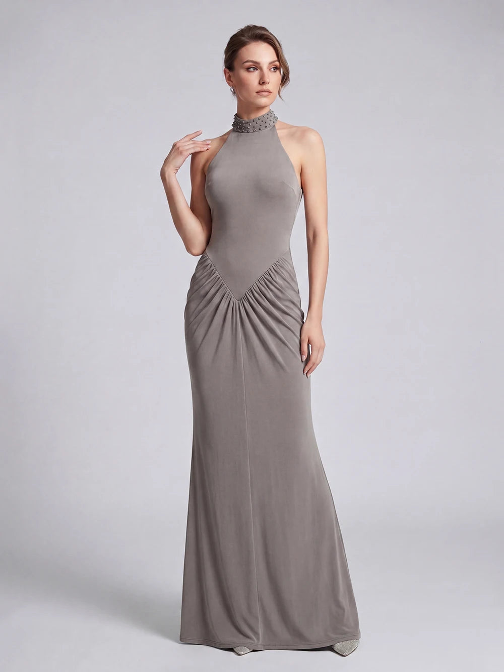 Diamond embellished halter neck ruched floor length gown