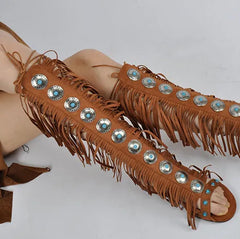 Embellished Lace-Up Fringe Gladiator Sandals
