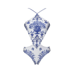 White and Blue Patterned Two Piece Swimwear Set