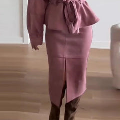 Pink Lapel Neck Belted Jacket with Slit Midi Skirt Two-Piece Set