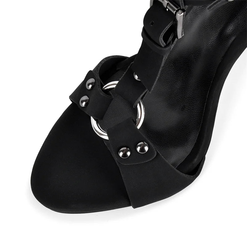 Close-up of the toe detail on black platform stiletto sandals
