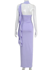 Lavender dress on a mannequin against a white background