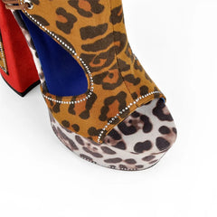Close-up of the toe and platform on leopard print lace-up platform sandals.