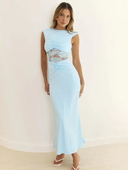 Light blue lace paneled ruched maxi dress front view