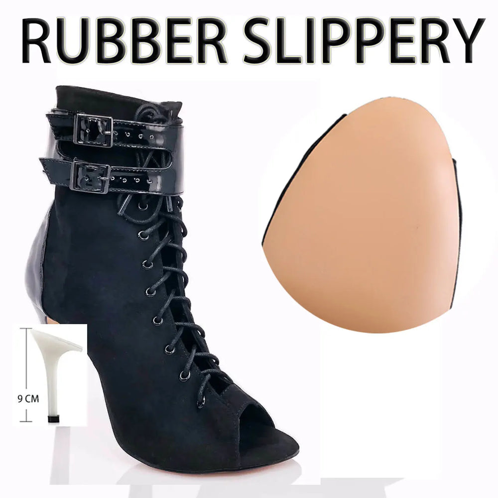 Black high-heeled boot with lace-up design and a beige slipper on a white background.