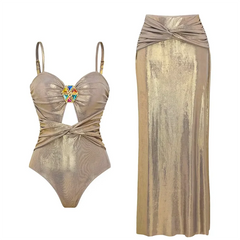 V-Neck Ruched Cut-Out Halter One-Piece Swimsuit and Maxi Skirt Set