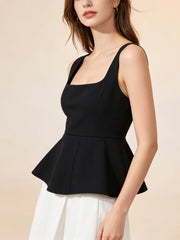 Black Square Neck Peplum Tank Top