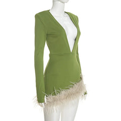 Faux Fur Trim Deep Neck Mini Dress