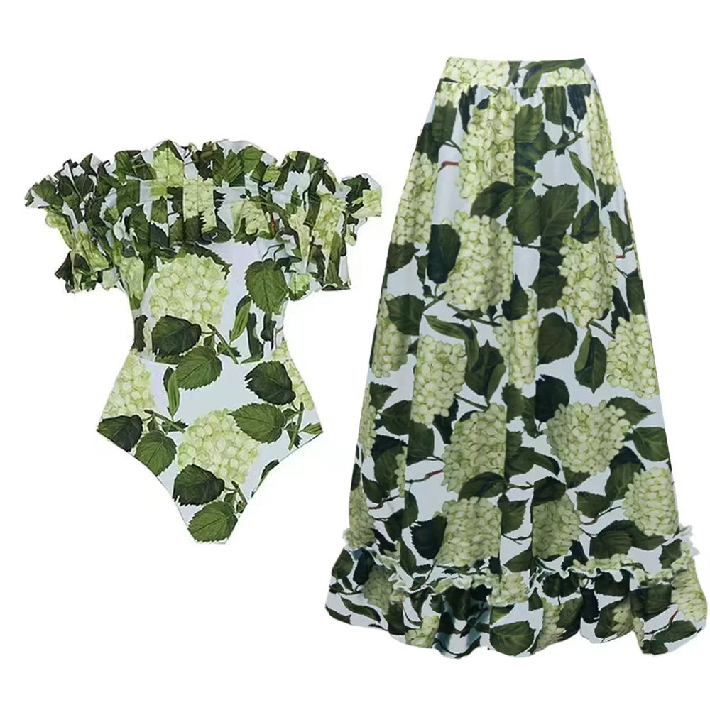 Green hydrangea print ruffled off-the-shoulder top and high-waisted bottoms swimwear set