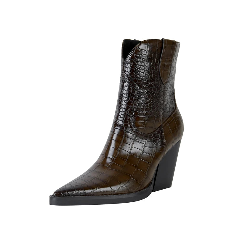 Brown pointed toe high heel western boots with stone pattern detail