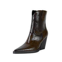 Brown pointed toe high heel western boots with stone pattern detail