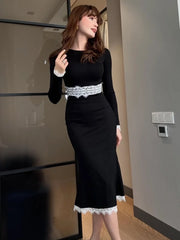 Long Sleeve Lace Trim Midi Dress