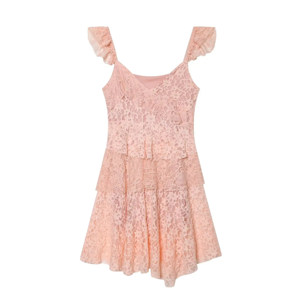 Pink lace mini dress with flutter sleeves and asymmetrical hem