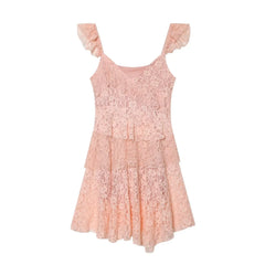 Pink lace mini dress with flutter sleeves and asymmetrical hem