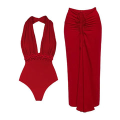 Red one piece swimsuit with floral detail and ruched maxi skirt