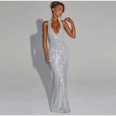 Deep V-Neck Sequin Fishtail Dress – Sleeveless Backless Beach Party Gown