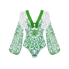 Yellow Blue White Print Long Sleeve Two Piece Set