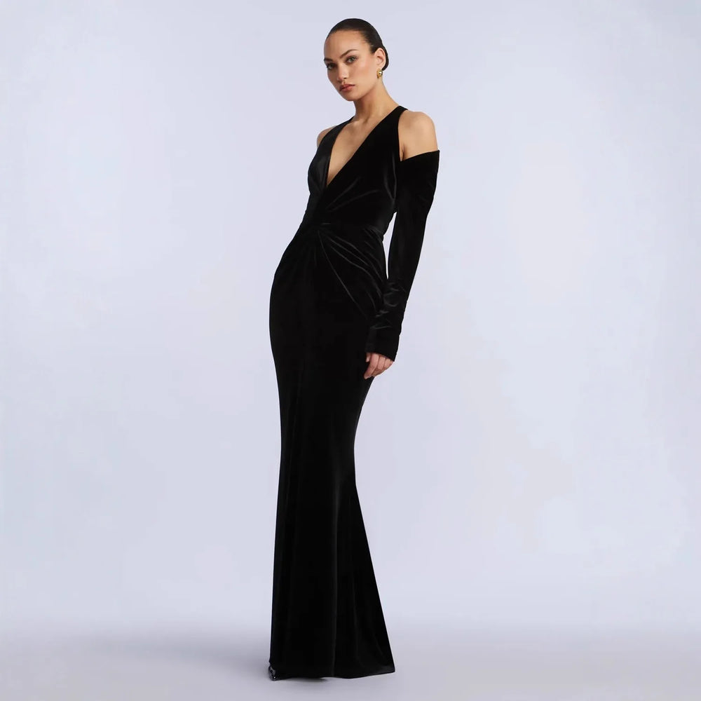 Black velvet off-shoulder deep v-neck fishtail evening dress