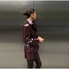 Faux Leather Lapel Jacket and Mini Skirt Set