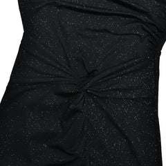 Black strapless dress with a knot detail on a white background