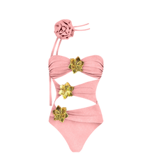One-Piece Cut Out Swimsuit and Skirt Set with Gold Flower Accents