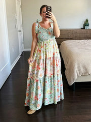 Floral Smocked Bust Tie Strap Maxi Dress