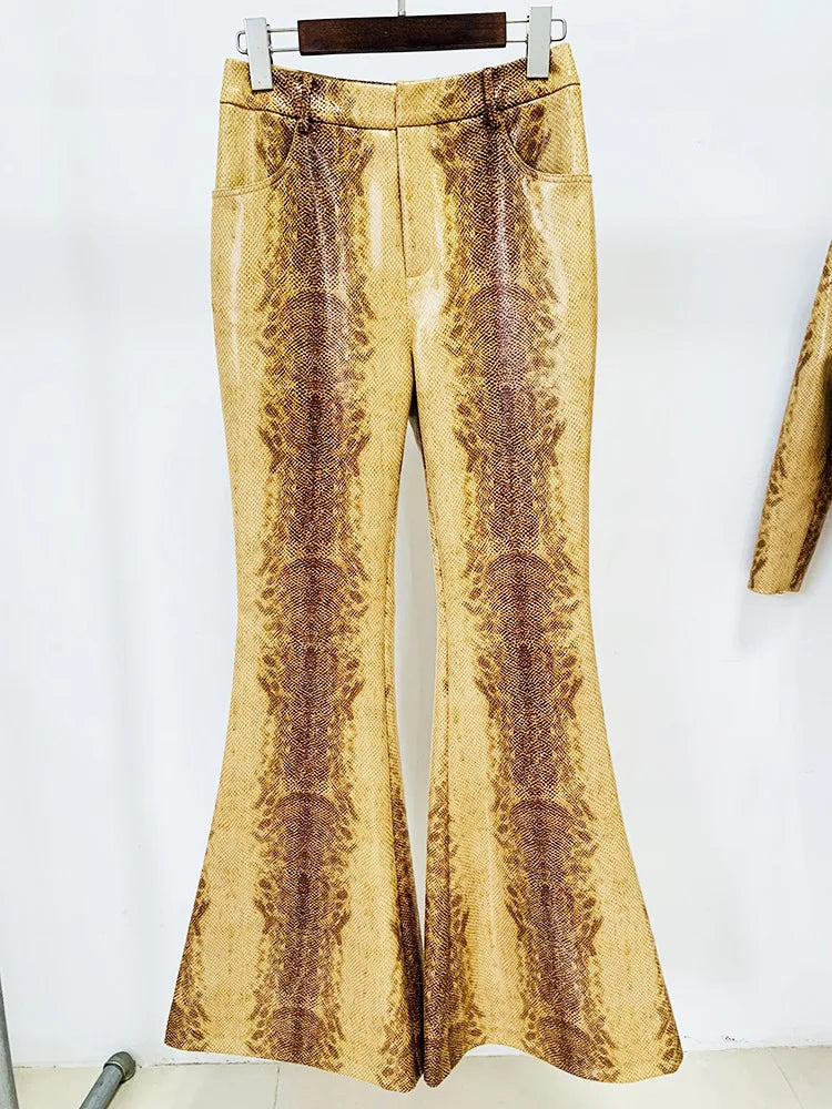 Front view of snake print leather-look flare pants with a high waist.