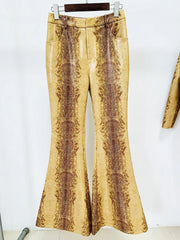 Front view of snake print leather-look flare pants with a high waist.
