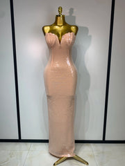 Strapless V-Neck Sequin Column Maxi Dress