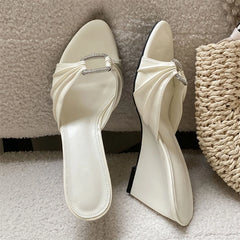 Pleated Patent Crystal Buckle Wedge Slippers