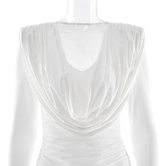 Long Sleeve Deep Neck Draped Ruched Mini Dress