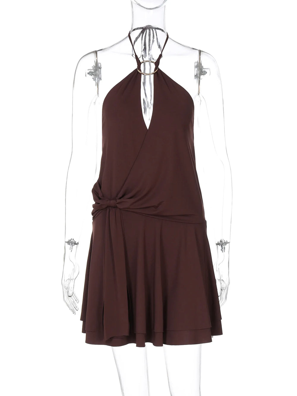 Brown dress on a mannequin against a white background