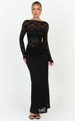 Black Lace Sheer Long Sleeve Ruched Maxi Dress