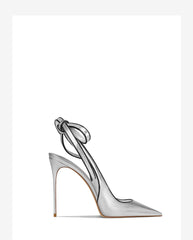 Silver high-heeled shoe with a bow on a white background
