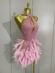 Beaded Feather Halter Sequin Mini Dress