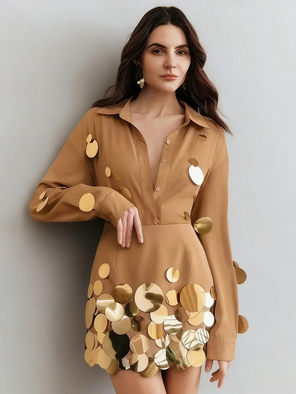 Khaki long sleeve shirt with gold sequins and matching mini skirt