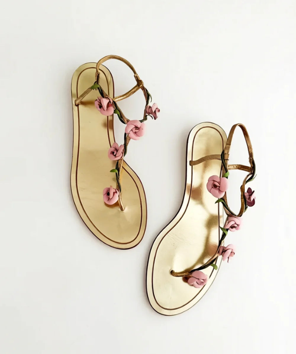 White and light blue floral thong slingback flat sandals