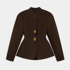 Brown blazer with gold buttons on a light gray background