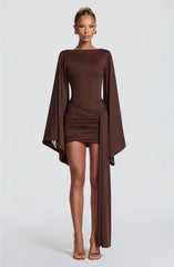 Draped Long Flare Sleeve Backless Bodycon Mini Dress