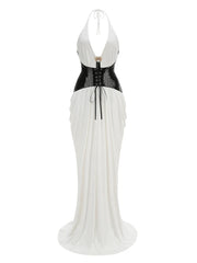 White evening gown with black corset-like waistband on a white background