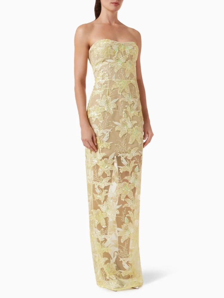 Strapless Sequin Embroidery Floral Sheath Maxi Dress