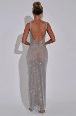 Sparkle Sequin Backless Maxi Dress – Sleeveless Club Gown with Square Neck