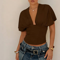 Deep V Neck Batwing Sleeve Crop Top