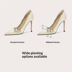 Two high-heeled shoes, one standard and one widened, on a light gray background.